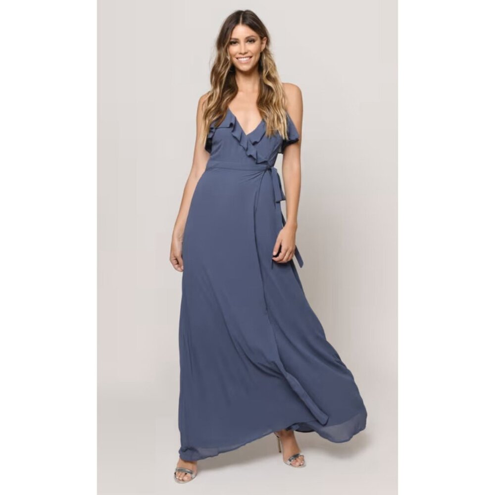 Tobi Dress Women Sz M Blue Slate V-Neck Ruffle Trim Wrap Spaghetti Straps Maxi